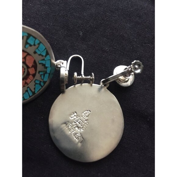 Vtg 1970's Turquoise & Coral Inlaid Earrings Double Circle Screw Back Sterling - Picture 6 of 6